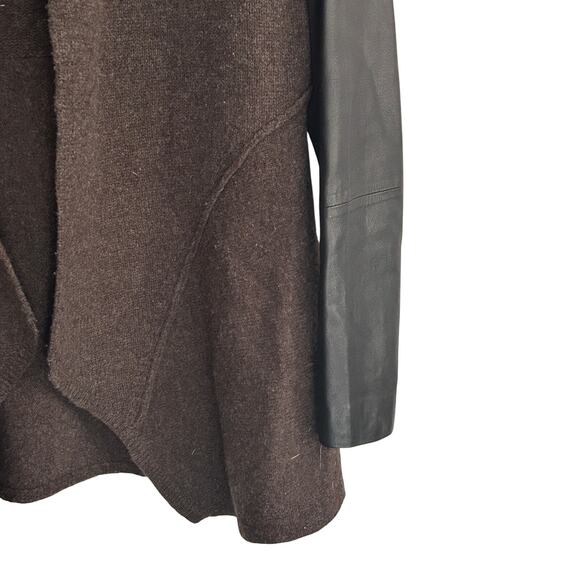 Eileen Fisher Wool Leather Jacket XS Brown Black Open Front Cardigan Capsule - Picture 3 of 6